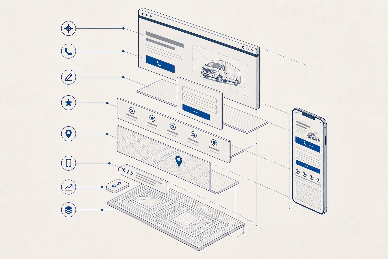 Exploded technical illustration of a local service website conversion foundation.
