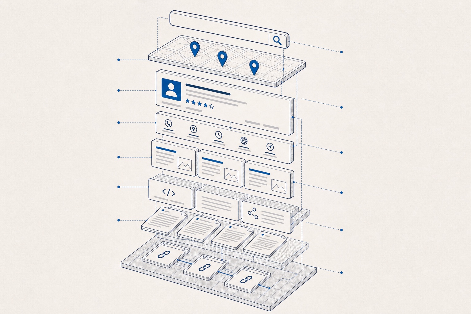 Exploded technical illustration of a local search results and business profile foundation.