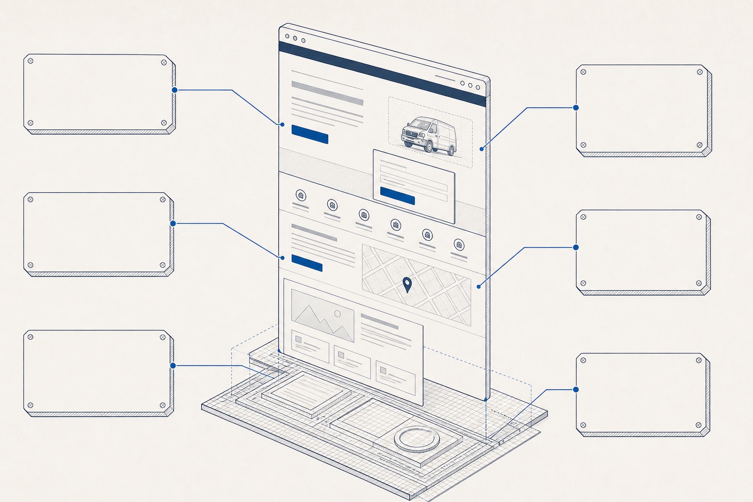 Isometric website evidence plate with blank mechanical annotation callouts.