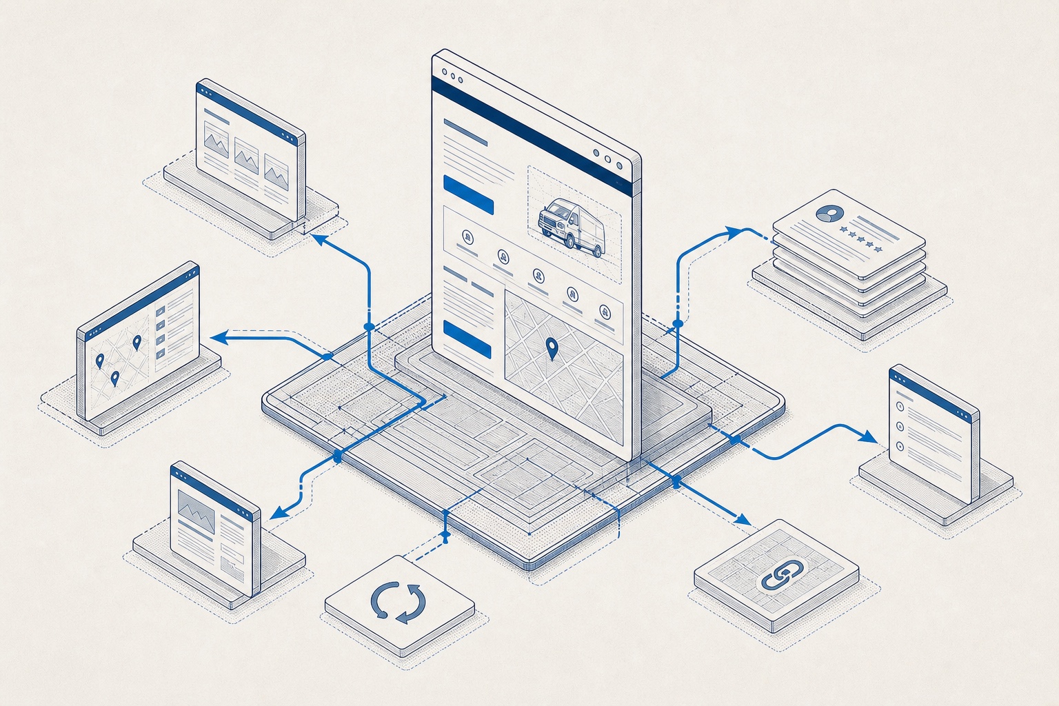 Isometric technical illustration of commercial pages expanding around a central service page.